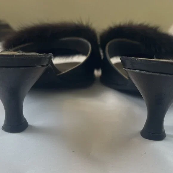 Giuseppe Zanotti Black Leather Kitten Heel Slides With Mink Fur - Picture 8 of 11